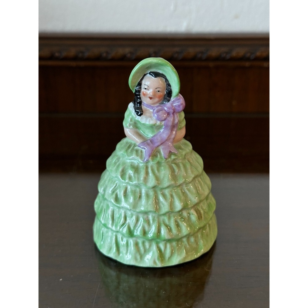 Antique W.H. Goss Porcelain Green & Purple Victorian Crinoline Lady 3.5''‎ Bell